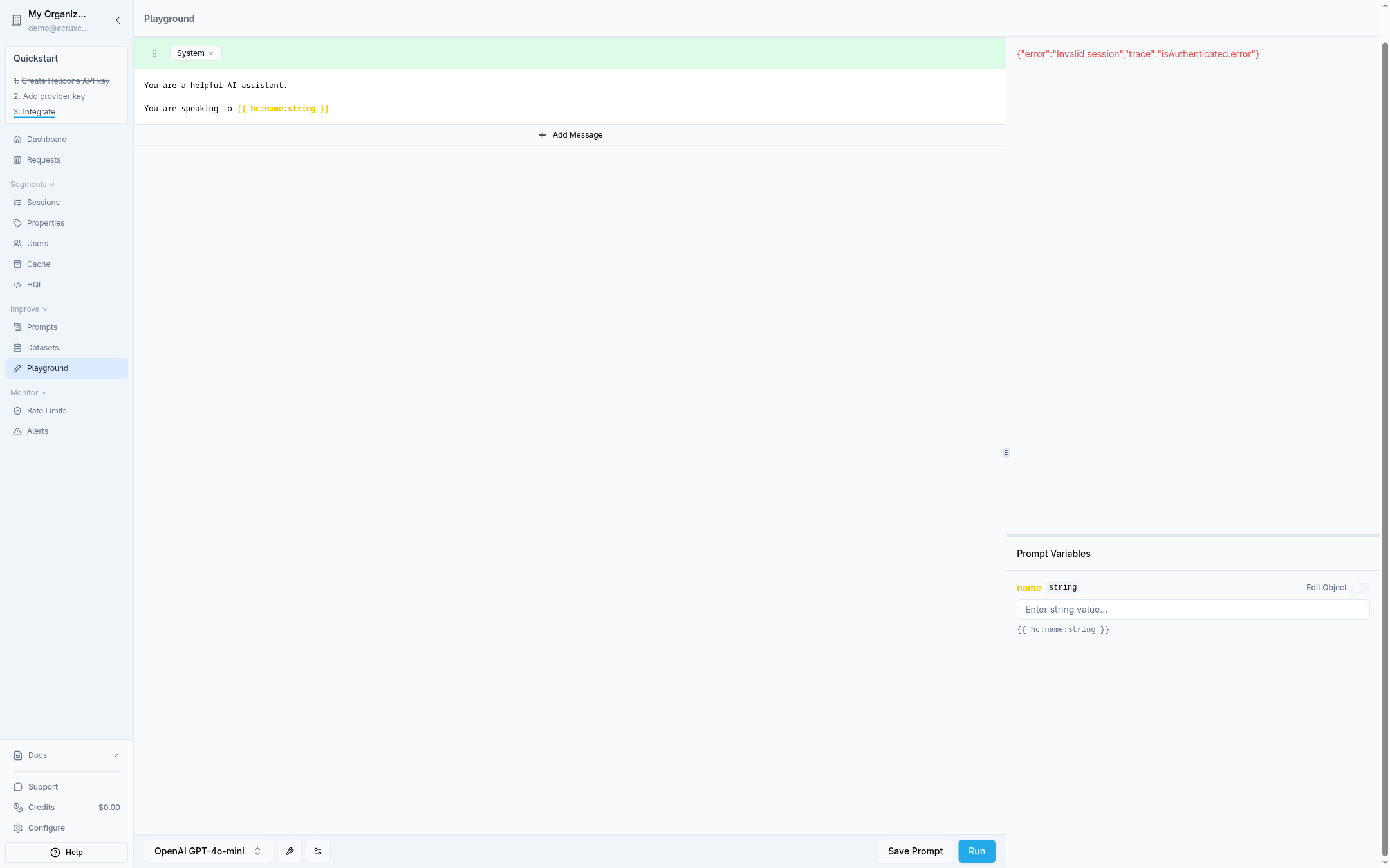 Helicone's Playground after clicking Run: the response panel shows the literal JSON error {"error":"Invalid session","trace":"isAuthenticated.error"} instead of a completion