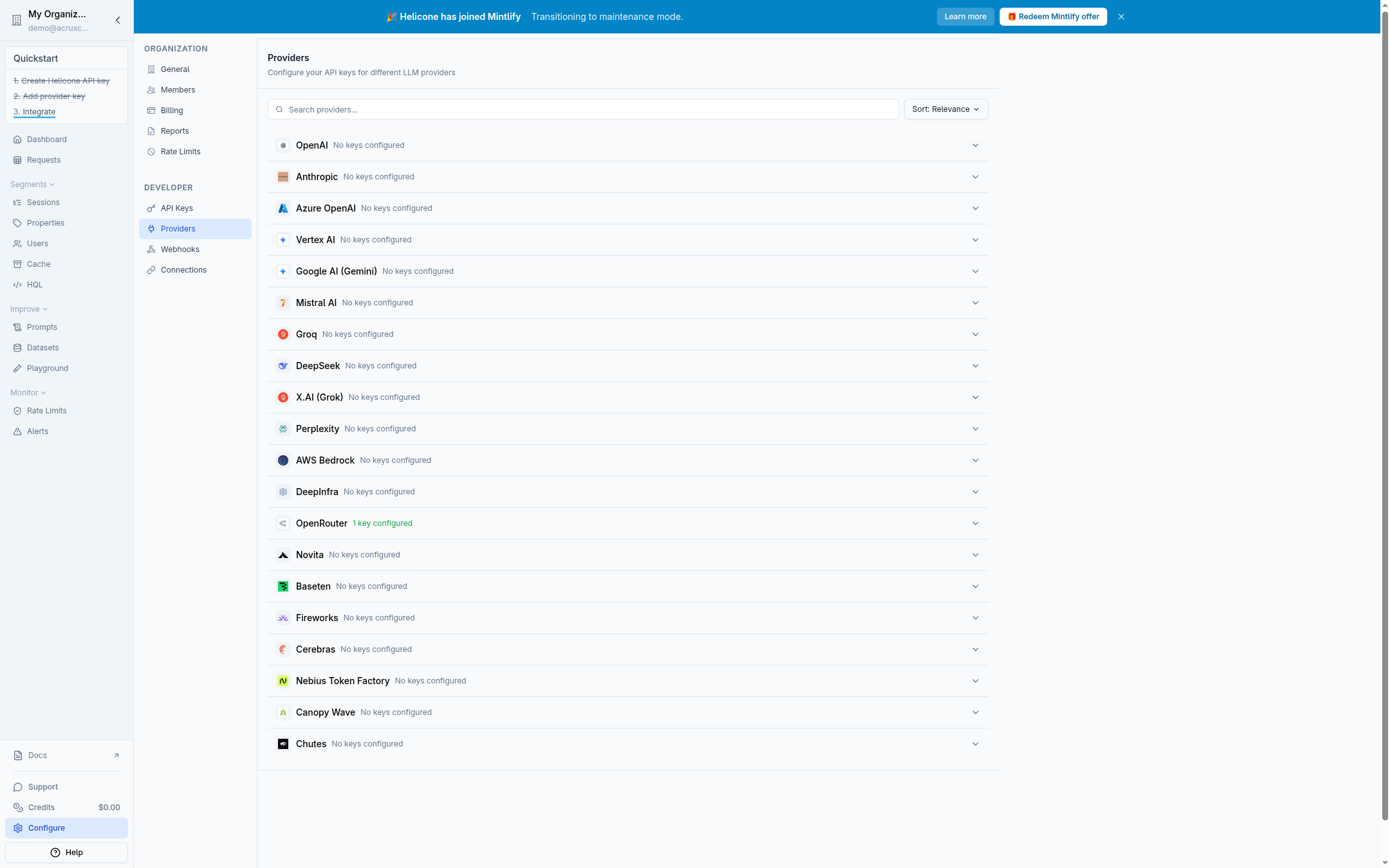 Helicone's Providers page with OpenRouter registered and "Enable for AI Gateway (BYOK)" checked — the feature the request-path proxy is supposed to use