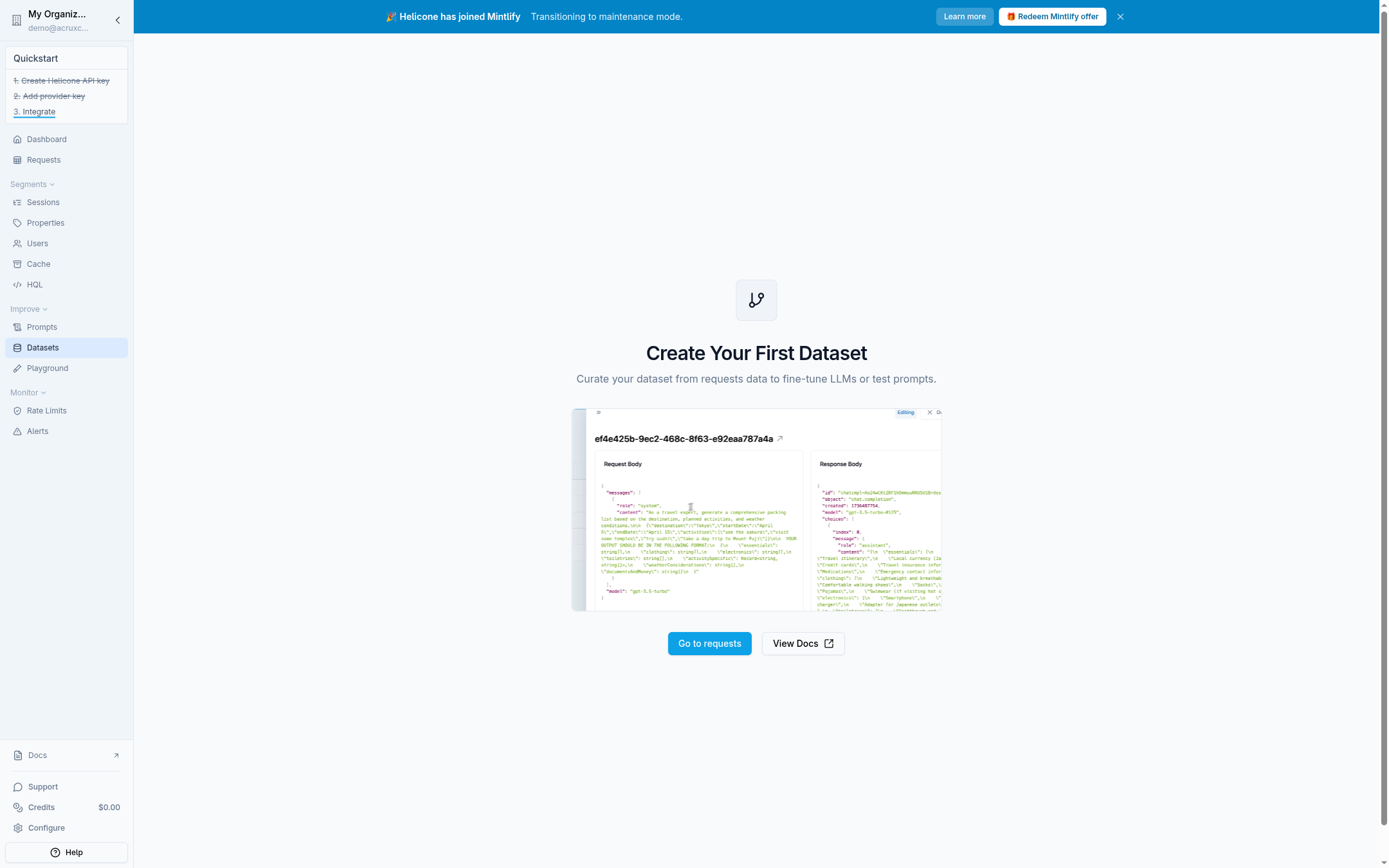 Helicone's Requests page still showing only its static "Integrate to see your requests" preview data — our real OpenRouter calls never appear because the log call failed