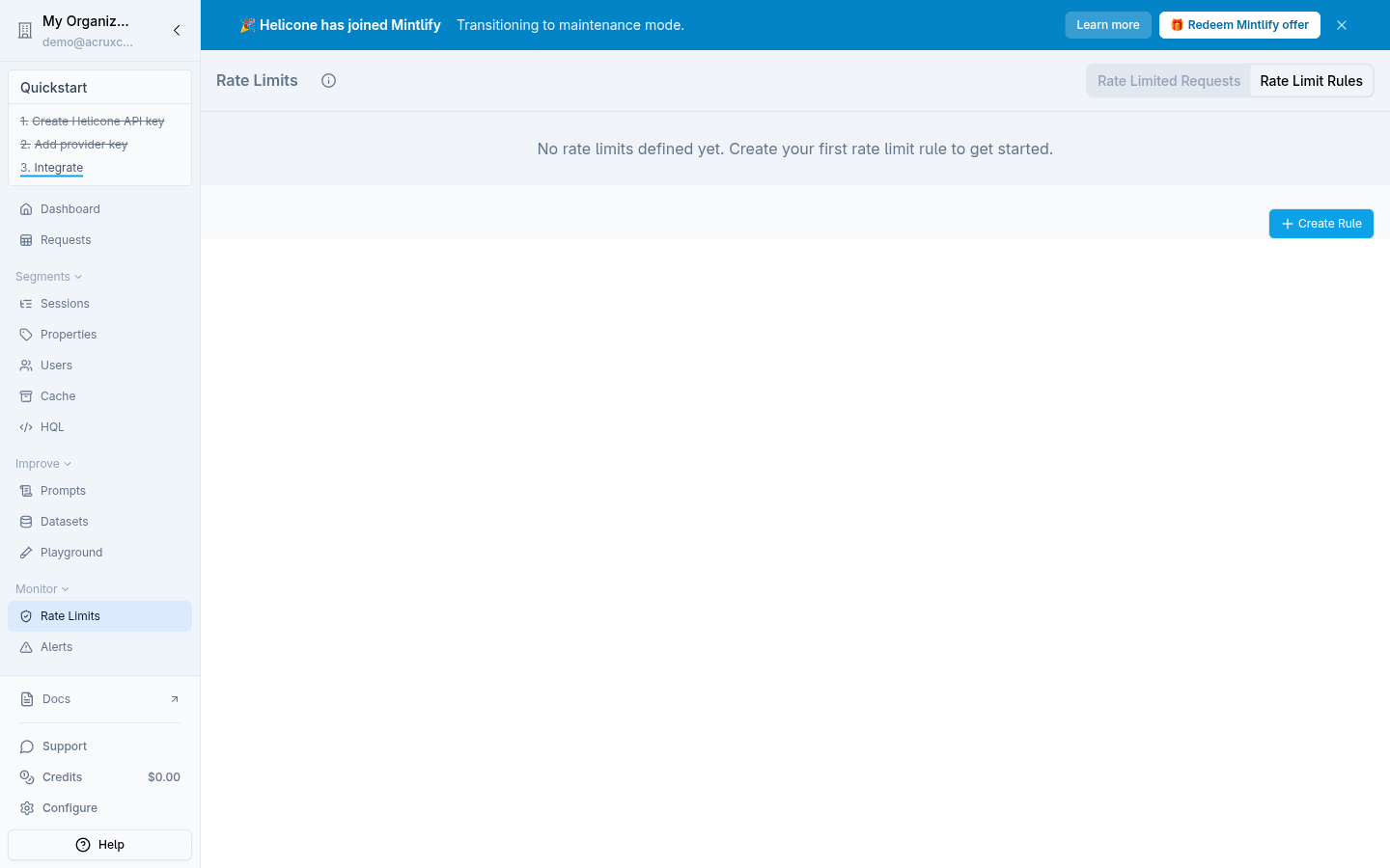 Helicone's Rate Limit Rules tab: "No rate limits defined yet. Create your first rate limit rule to get started," with a Create Rule button