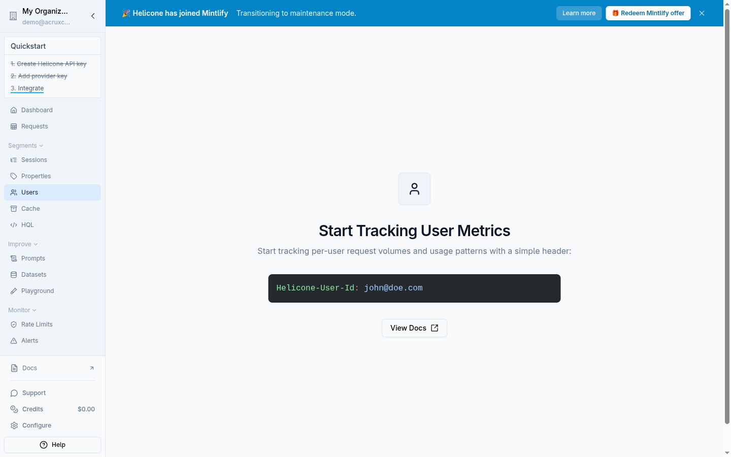 Helicone's "Start Tracking User Metrics" empty state: "Start tracking per-user request volumes and usage patterns with a simple header: Helicone-User-Id: john@doe.com"
