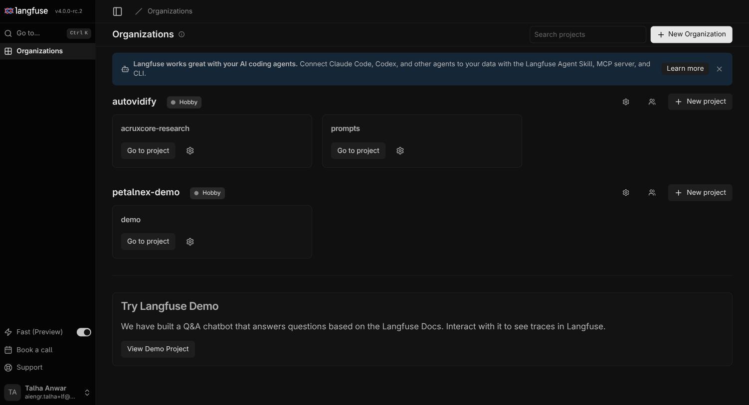 Langfuse organizations page showing autovidify with two projects and petalnex-demo with one project