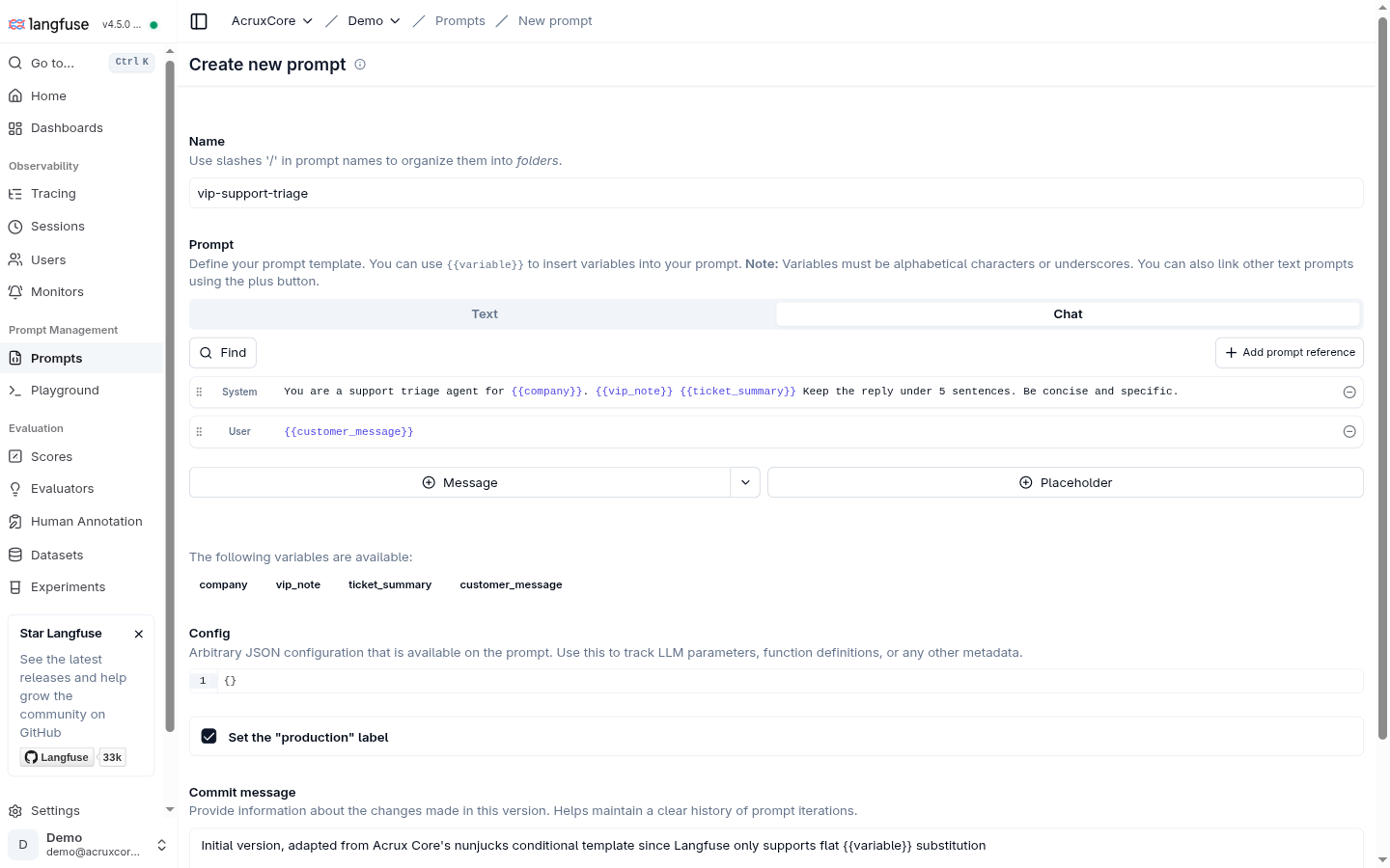 Langfuse's create-prompt screen for the recreated vip-support-triage prompt, with a commit message noting it was adapted from AcruxCore's nunjucks template since Langfuse only supports flat variable substitution
