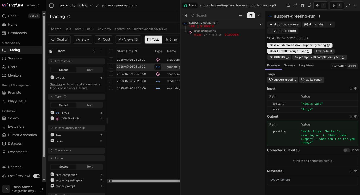 Langfuse trace detail panel showing session grouping, cost, token counts, and tags