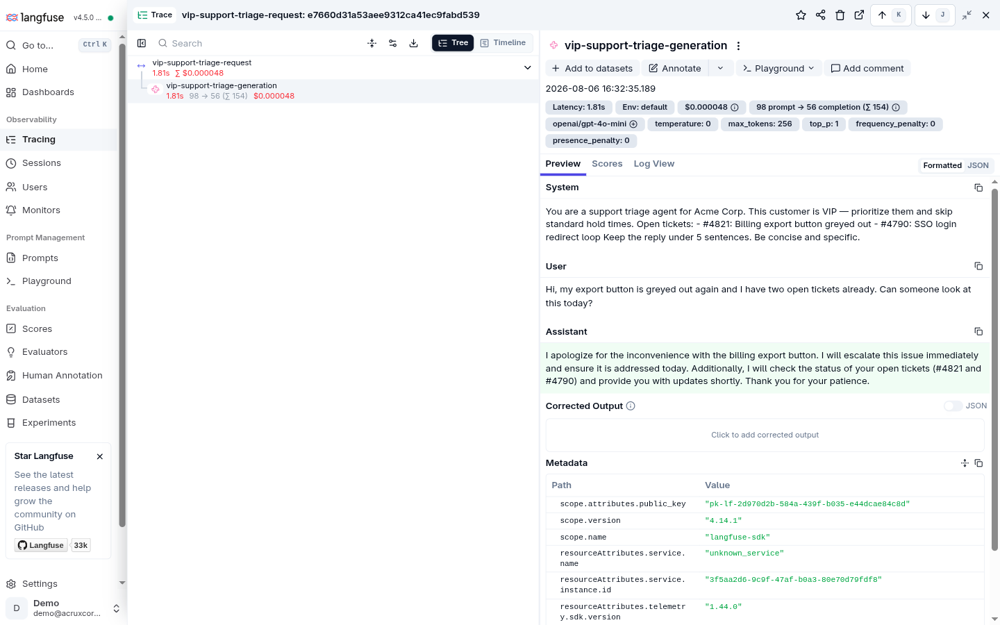 Langfuse's trace detail: a two-node span tree (request span + generation span), 1.81s latency, $0.000048 cost, 154 total tokens