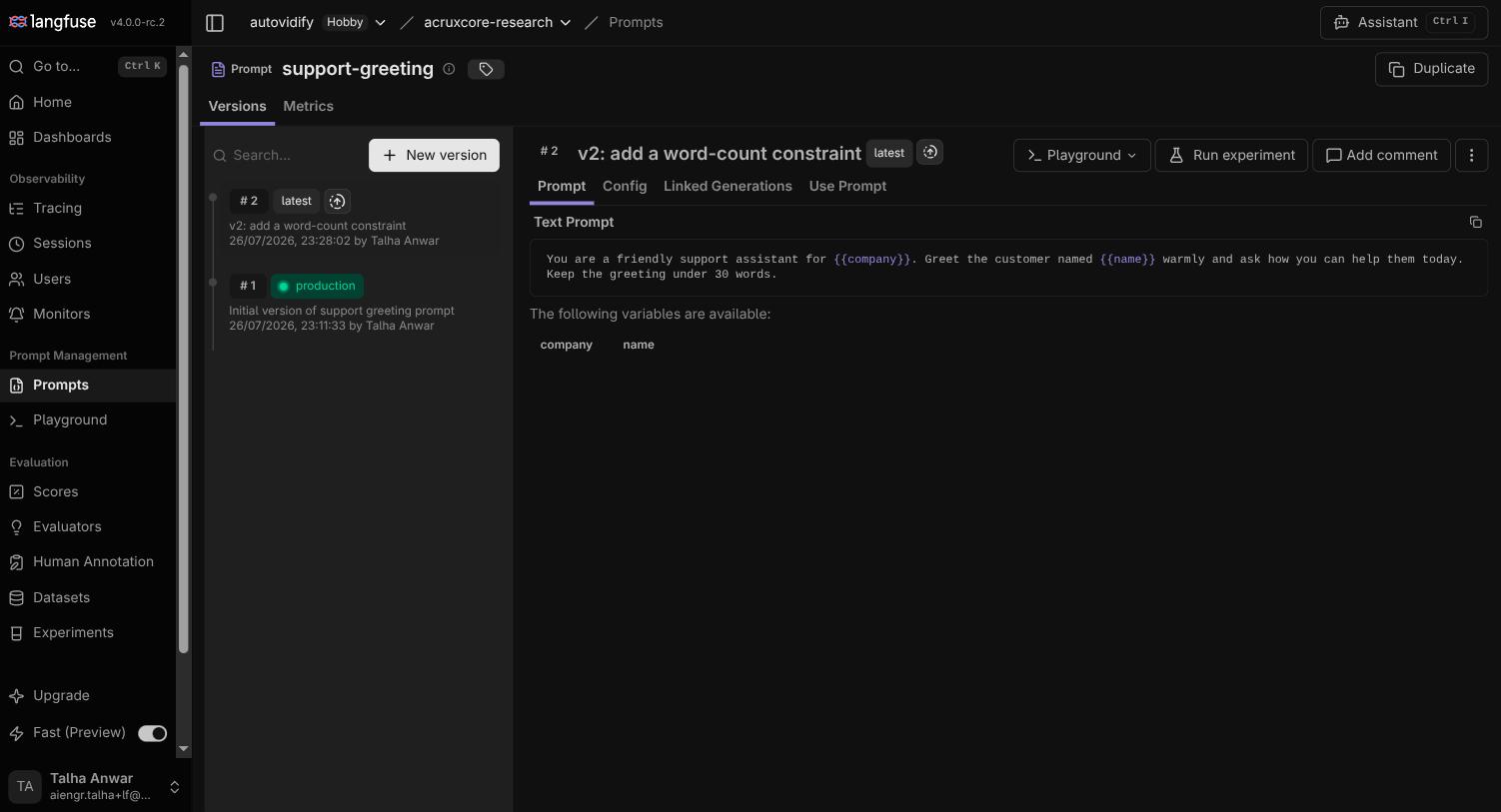 Langfuse prompt versions list showing v1 tagged production and v2 tagged latest