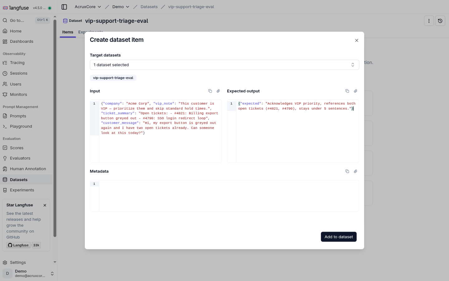 Langfuse's Create dataset item dialog, with the flattened input variables and a hand-written expected output