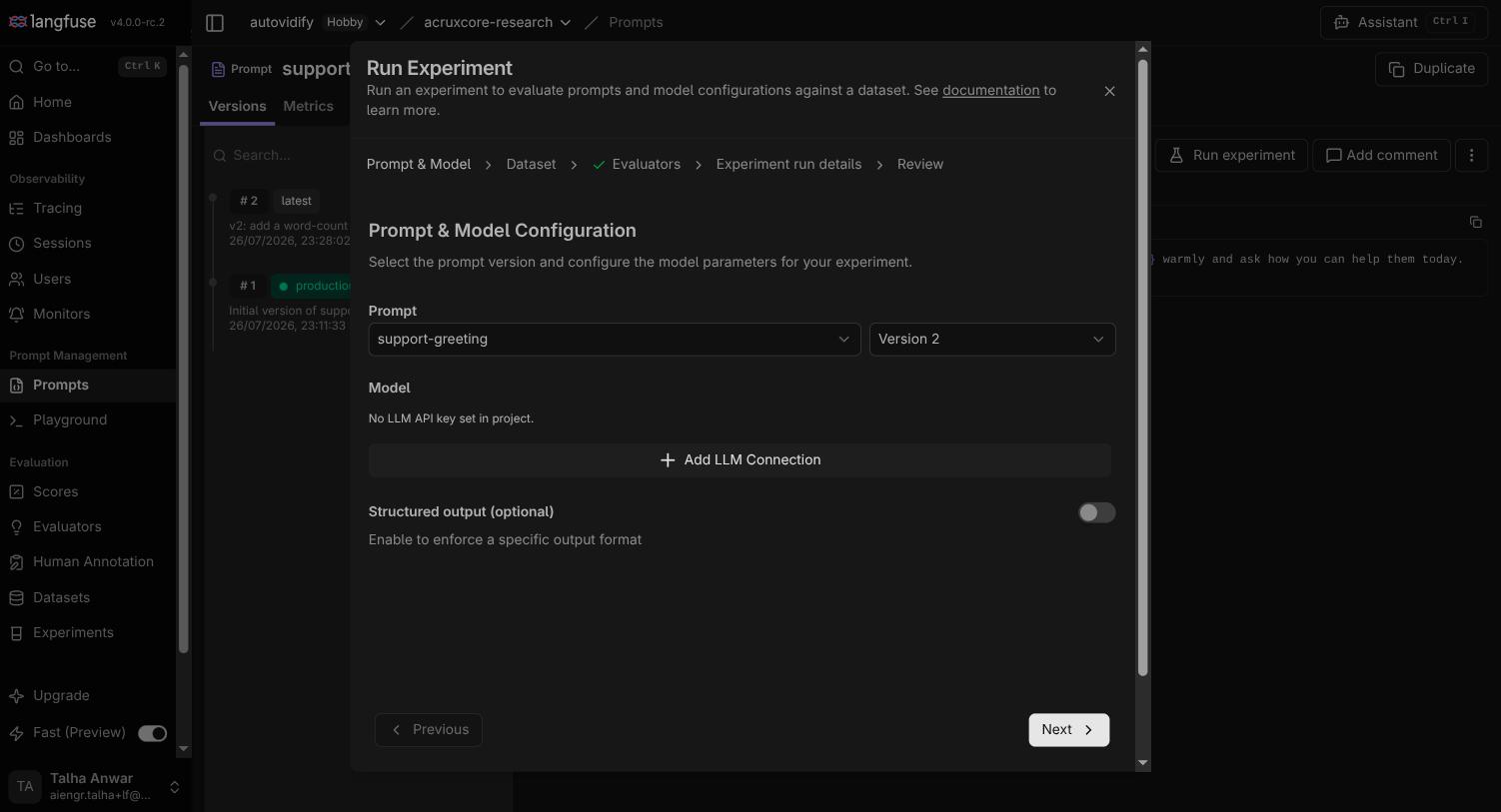 Langfuse Run Experiment dialog blocked at the model step with a No LLM API key set in project message