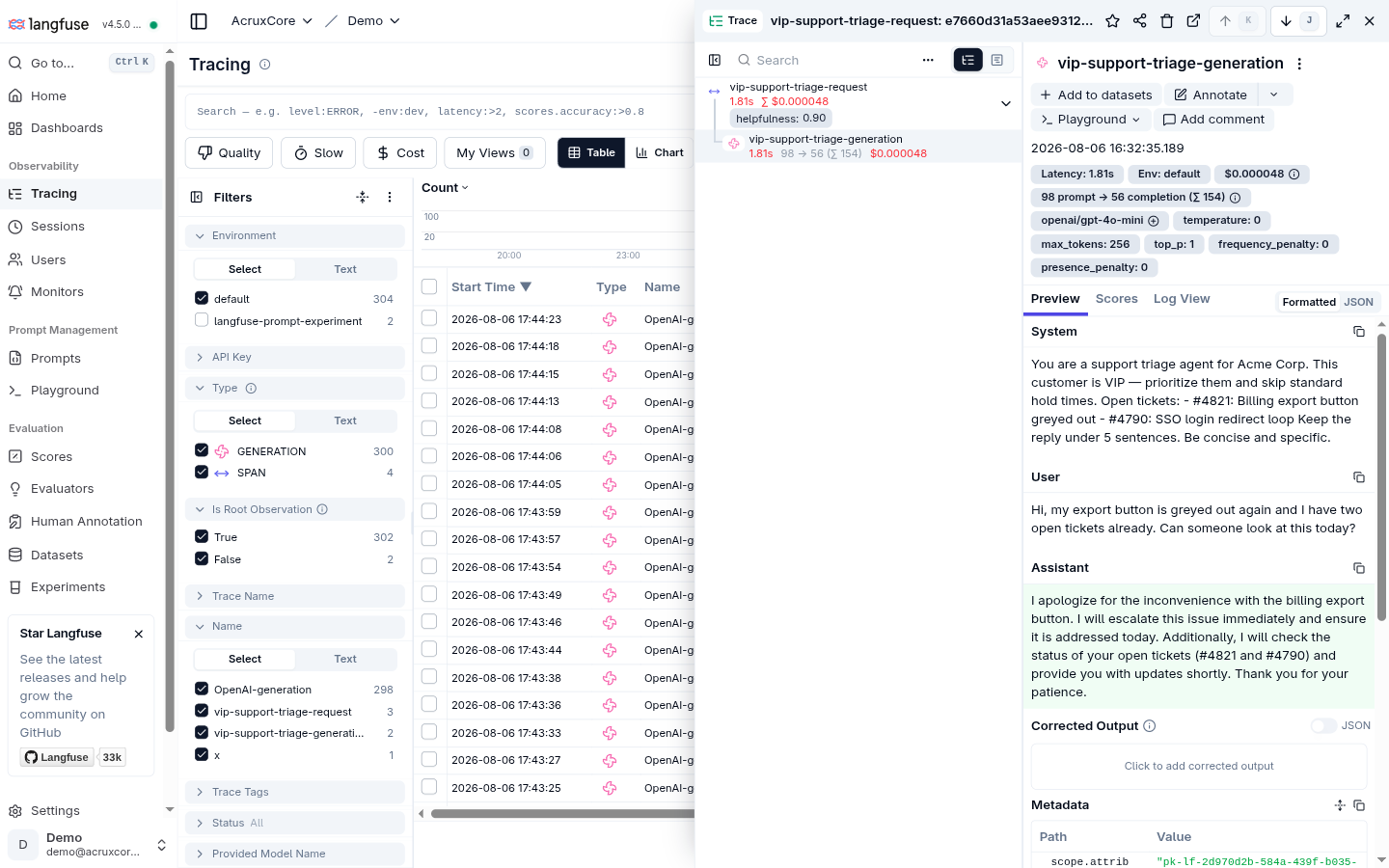 Langfuse's trace for the script-generated call: same VIP reply, 1.81s latency, $0.000048, OpenTelemetry SDK metadata visible