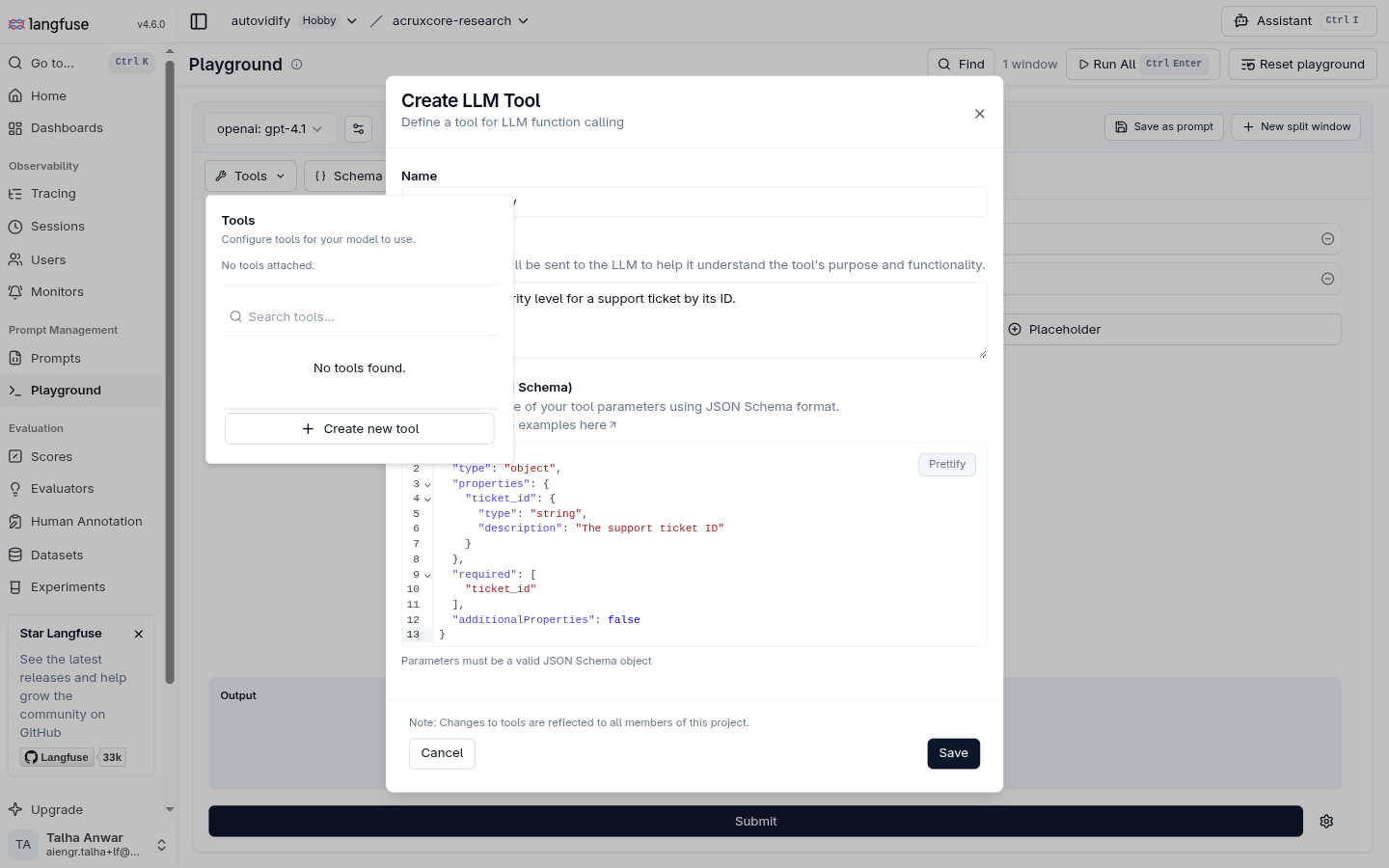 Langfuse's Create LLM Tool dialog in the Playground, defining get_ticket_priority with a JSON Schema parameter