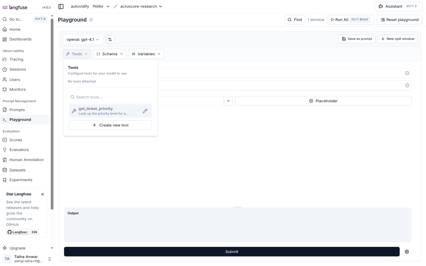 Langfuse's saved tool re-appearing in the Playground's tool picker after a full page reload, confirming it's stored project-wide, not per-session
