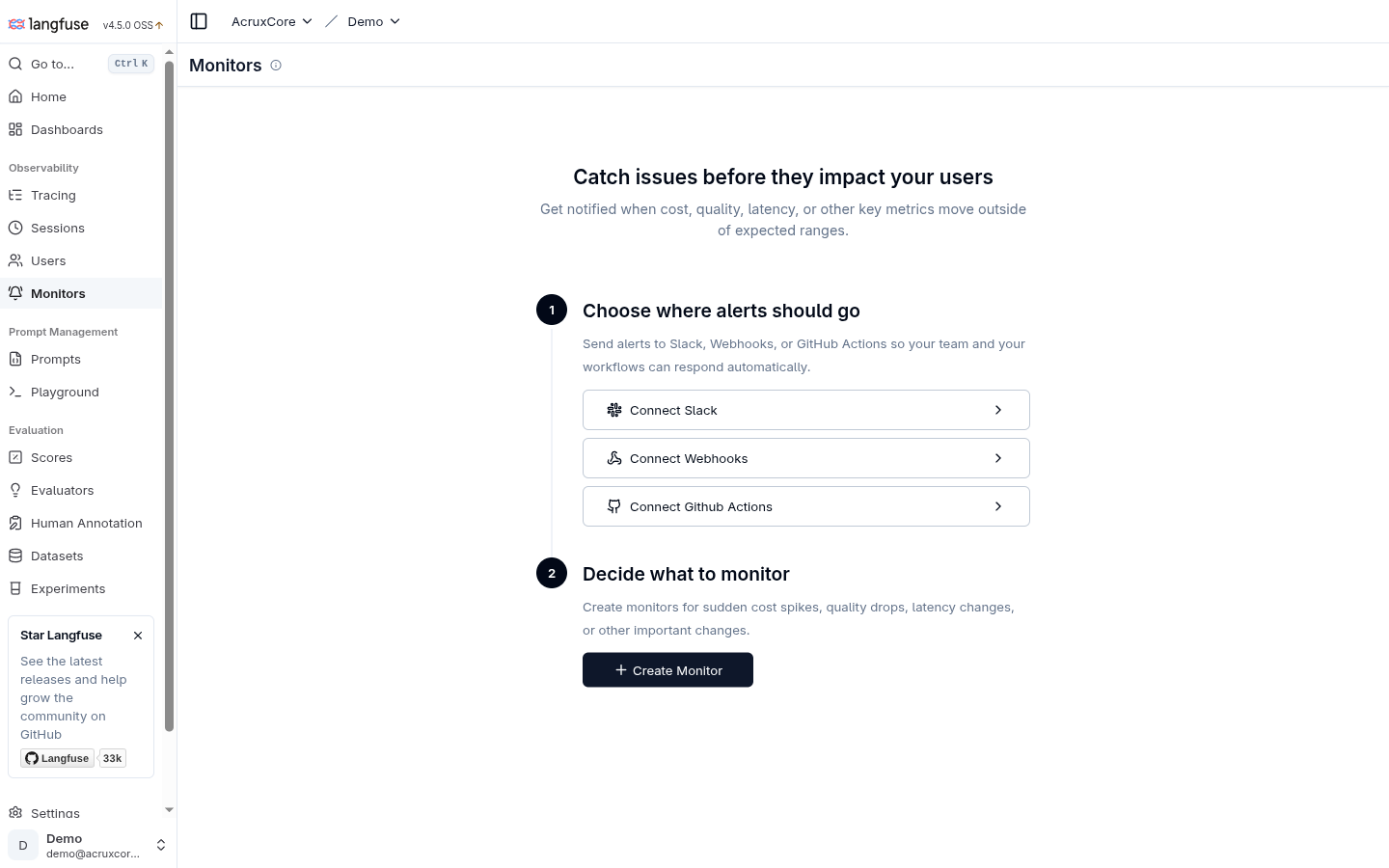 Langfuse's Monitors setup: "Catch issues before they impact your users," with Connect Slack / Connect Webhooks / Connect GitHub Actions options and a Create Monitor button