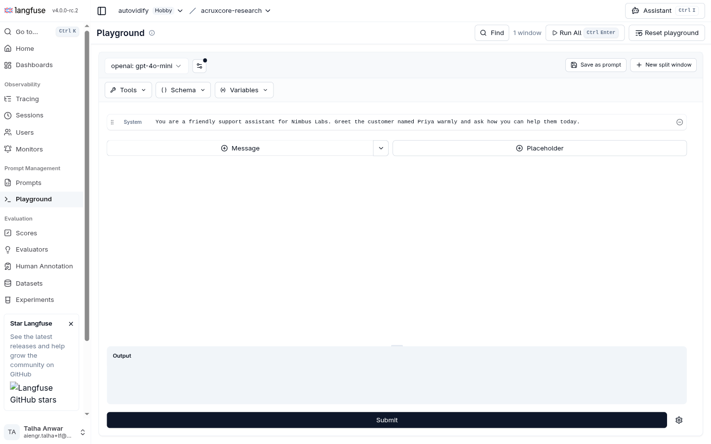 Langfuse Playground pre-loaded with the trace's exact system message and model, with a Save as prompt button