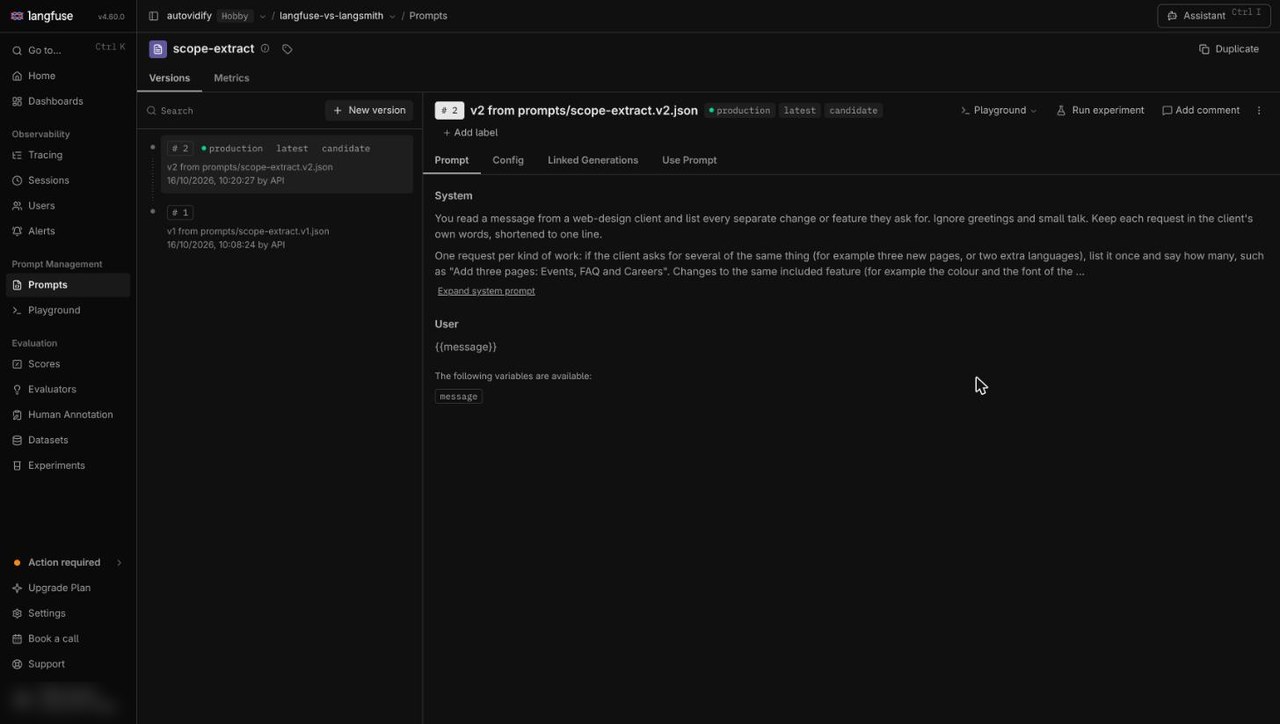 Langfuse prompt page: version 2 carries the production label, and version 1 has none
