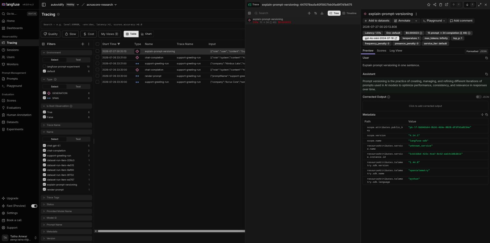 Langfuse trace detail for a script-generated call, showing cost, latency, and OpenTelemetry SDK metadata