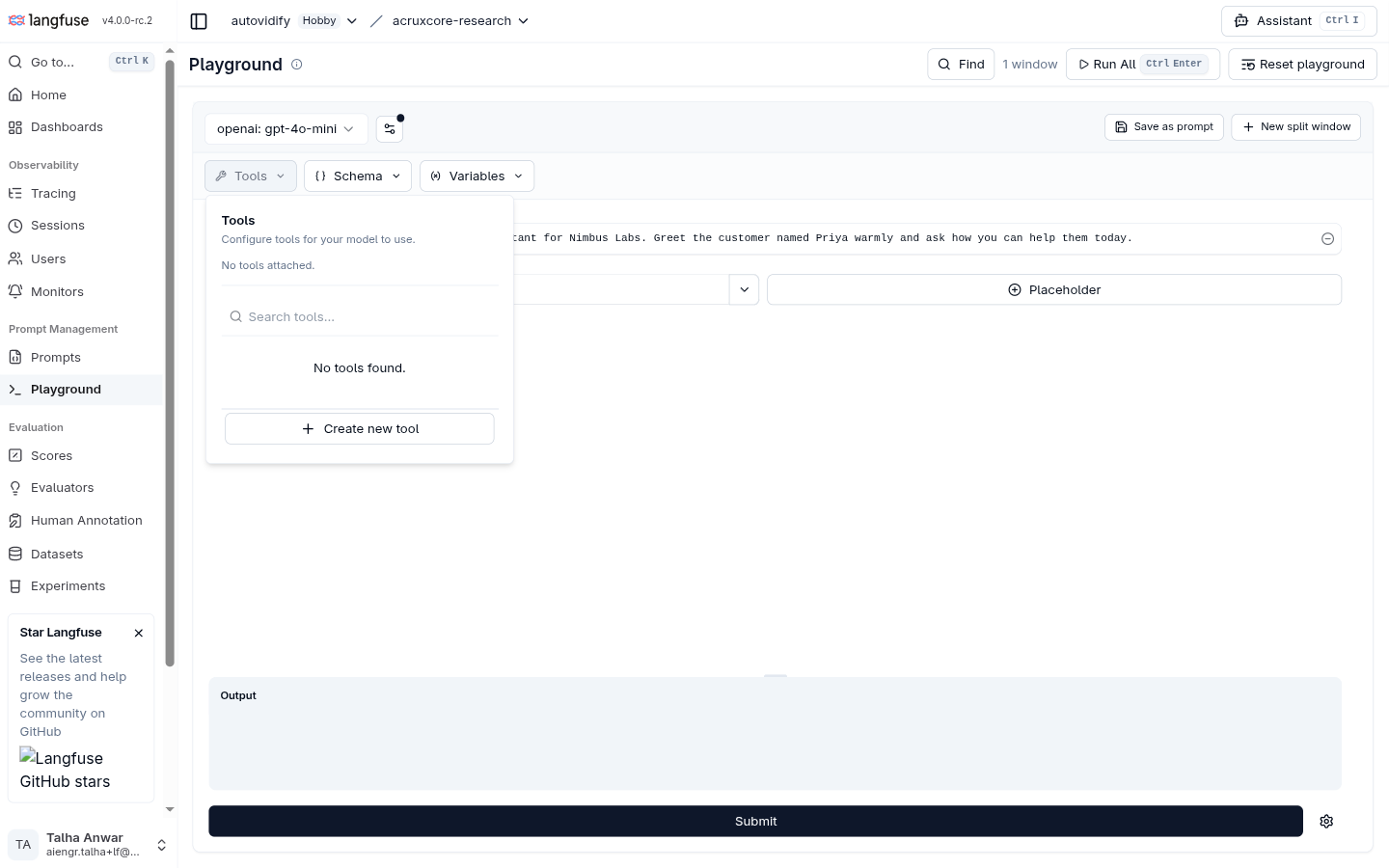 Langfuse Playground's Tools panel showing "No tools attached" and a Create new tool button