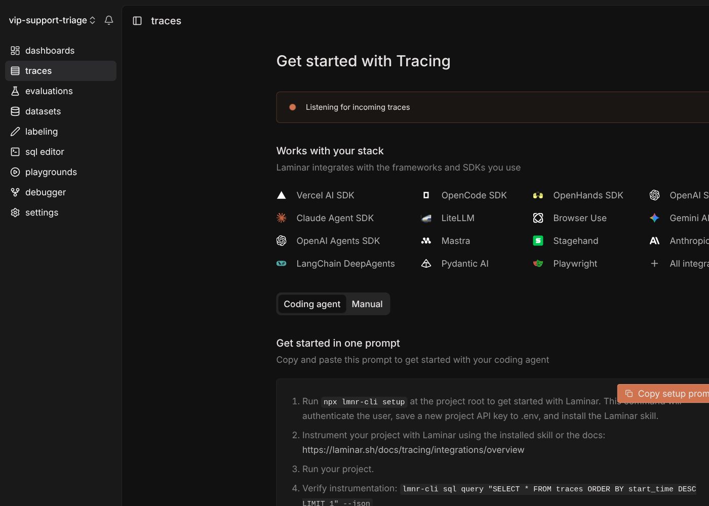 Laminar onboarding: a grid of integrations including Vercel AI SDK, Claude Agent SDK, OpenAI Agents SDK, Browser Use and Stagehand, beside a "Get started in one prompt" panel for a coding agent