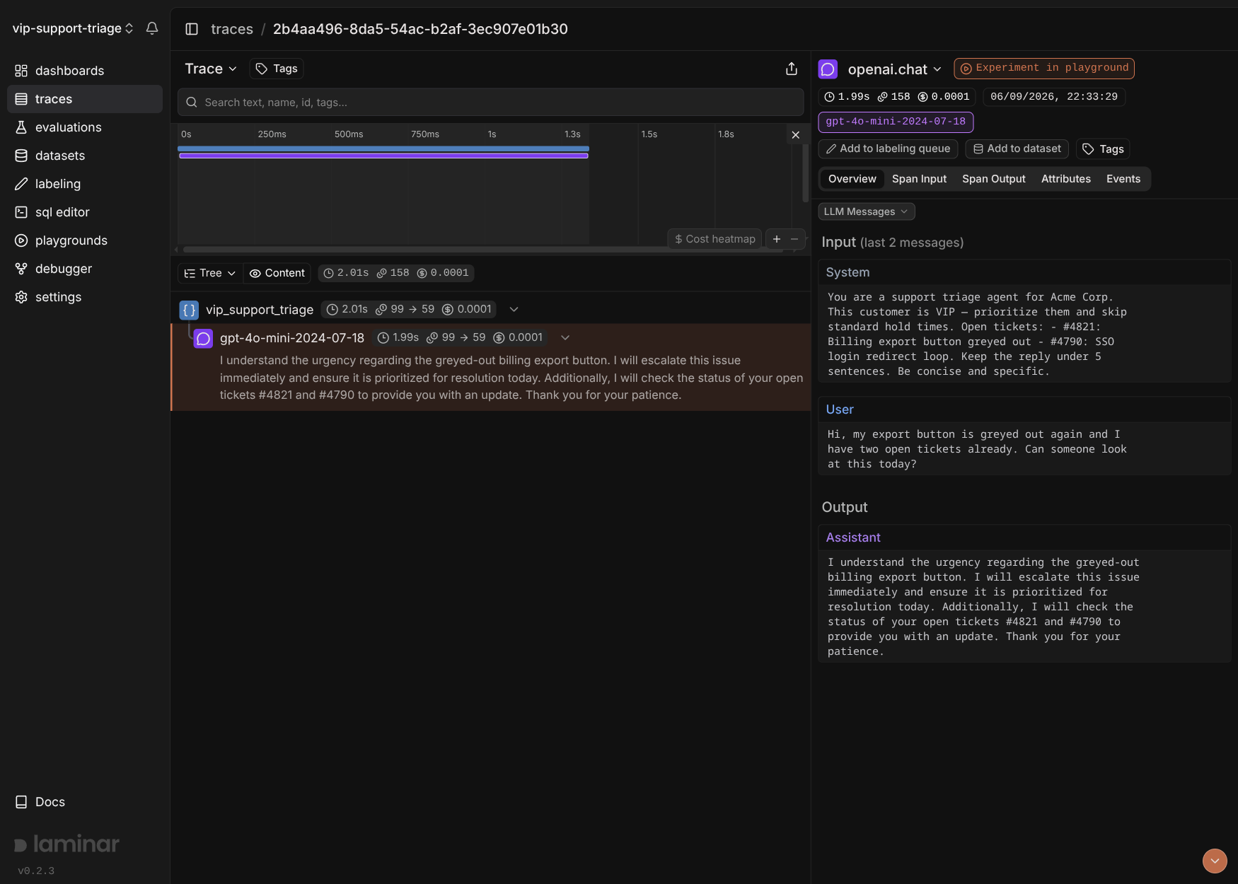 Laminar span detail: a tree with vip_support_triage above an openai.chat child, and a right panel showing System, User and Assistant messages with 158 tokens and $0.0001