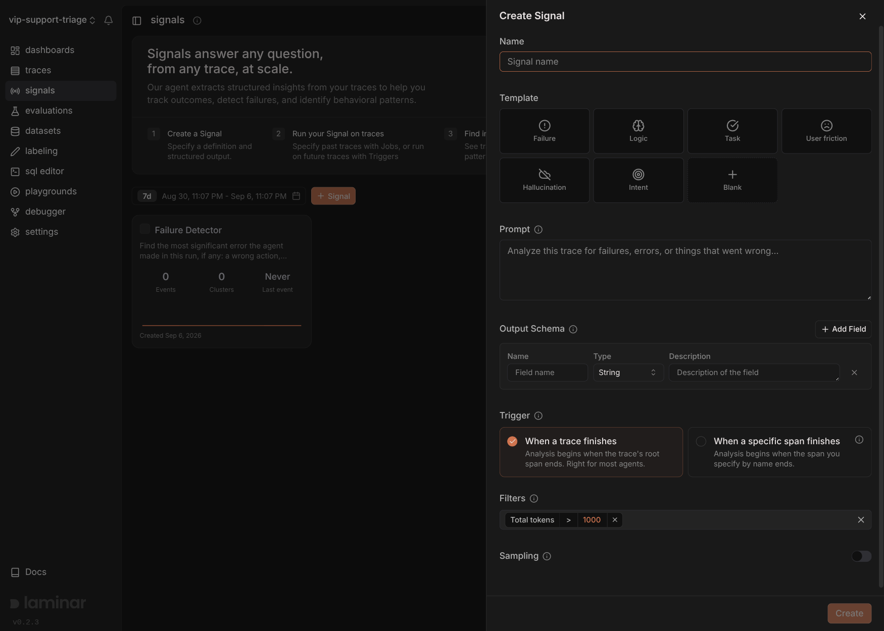 Laminar's Create Signal panel: name, six behaviour templates, a prompt, a structured output schema, trigger options, filters and a sampling toggle