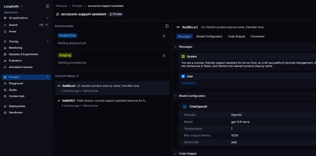 LangSmith prompt detail page showing two commits in the history, the system/user message editor, and model configuration (ChatOpenAI, gpt-5.6-terra)