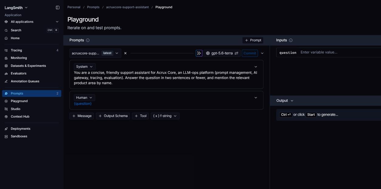 LangSmith Playground with the acruxcore-support-assistant prompt loaded, showing System and Human messages, model gpt-5.6-terra, and an Inputs panel for the question variable