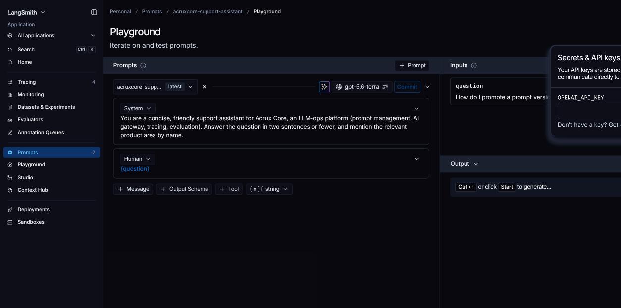 LangSmith Playground showing a "Secrets &amp; API keys" panel requesting an OPENAI_API_KEY before the prompt can be run