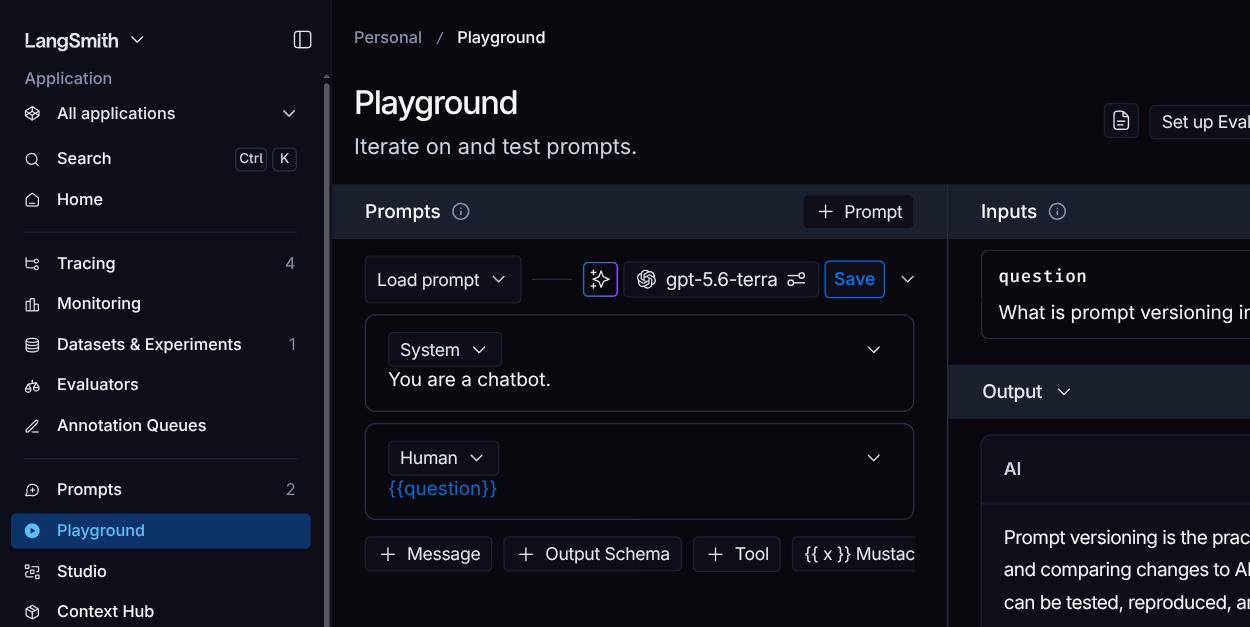 LangSmith Playground showing a completed run: the question "What is prompt versioning in one sentence?" and a real generated answer beginning "Prompt versioning is the practice of tracking, managing..."