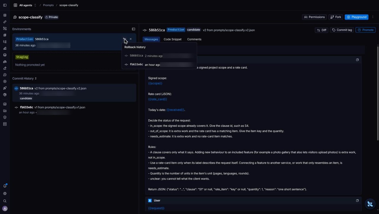 LangSmith prompt page: Environments panel with Production on commit 586b51ca and a Rollback history list of two commits