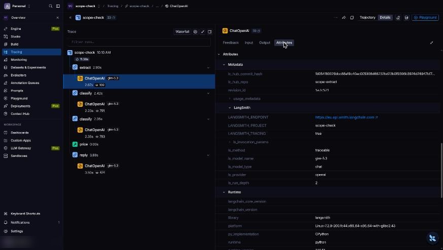 LangSmith run attributes listing lc_hub_commit_hash and lc_hub_repo scope-extract as plain metadata values