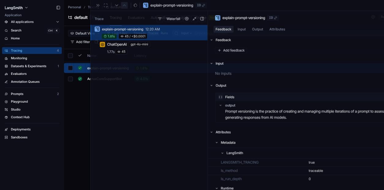 LangSmith trace detail for explain-prompt-versioning, showing a root span with a nested ChatOpenAI/gpt-4o-mini child span, 45 tokens, under $0.0001 cost, and the real generated output text in the Output panel
