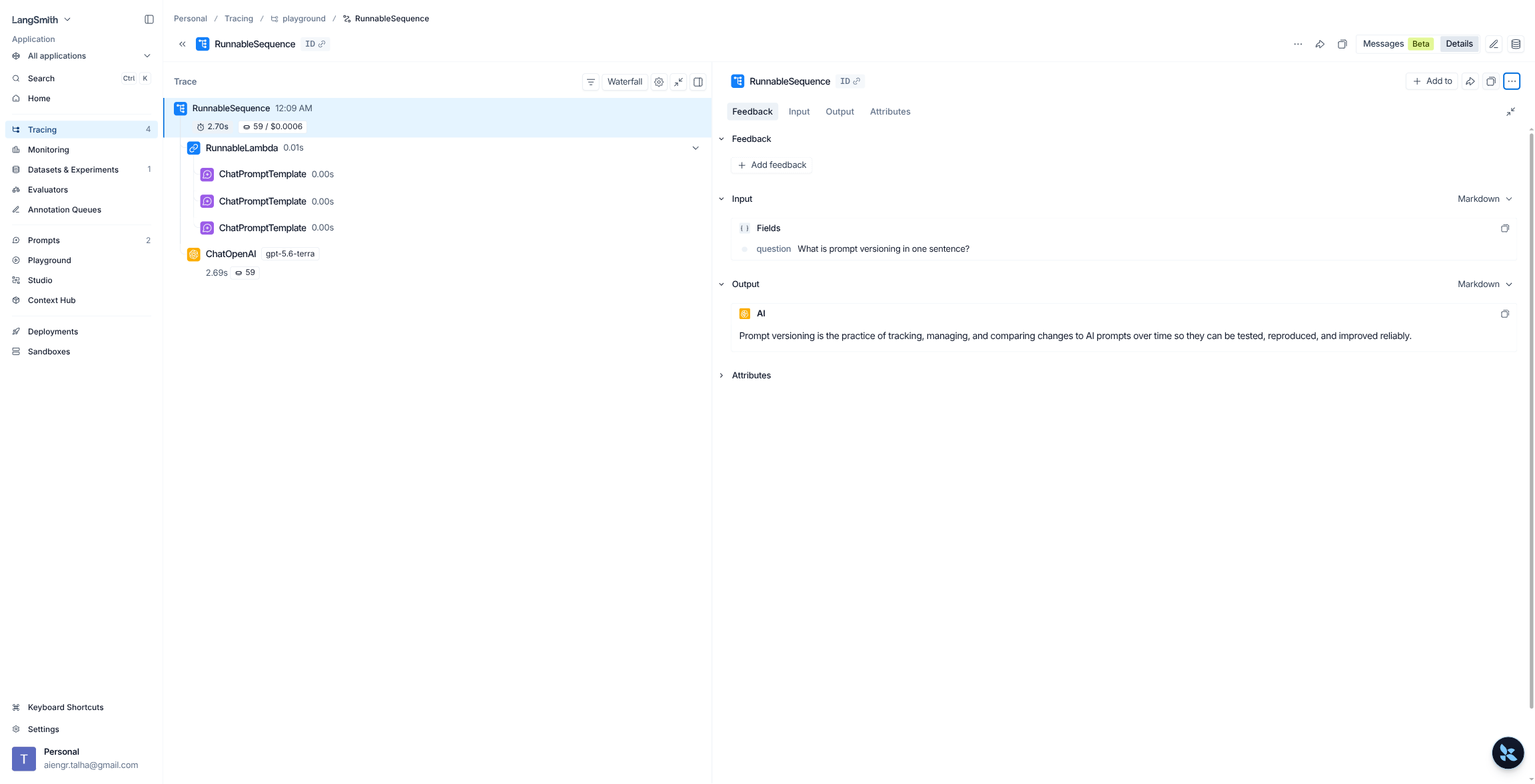 LangSmith trace action bar showing Add to, Share, Copy run, and More actions buttons, with an Add feedback control in the Feedback tab and no Playground option