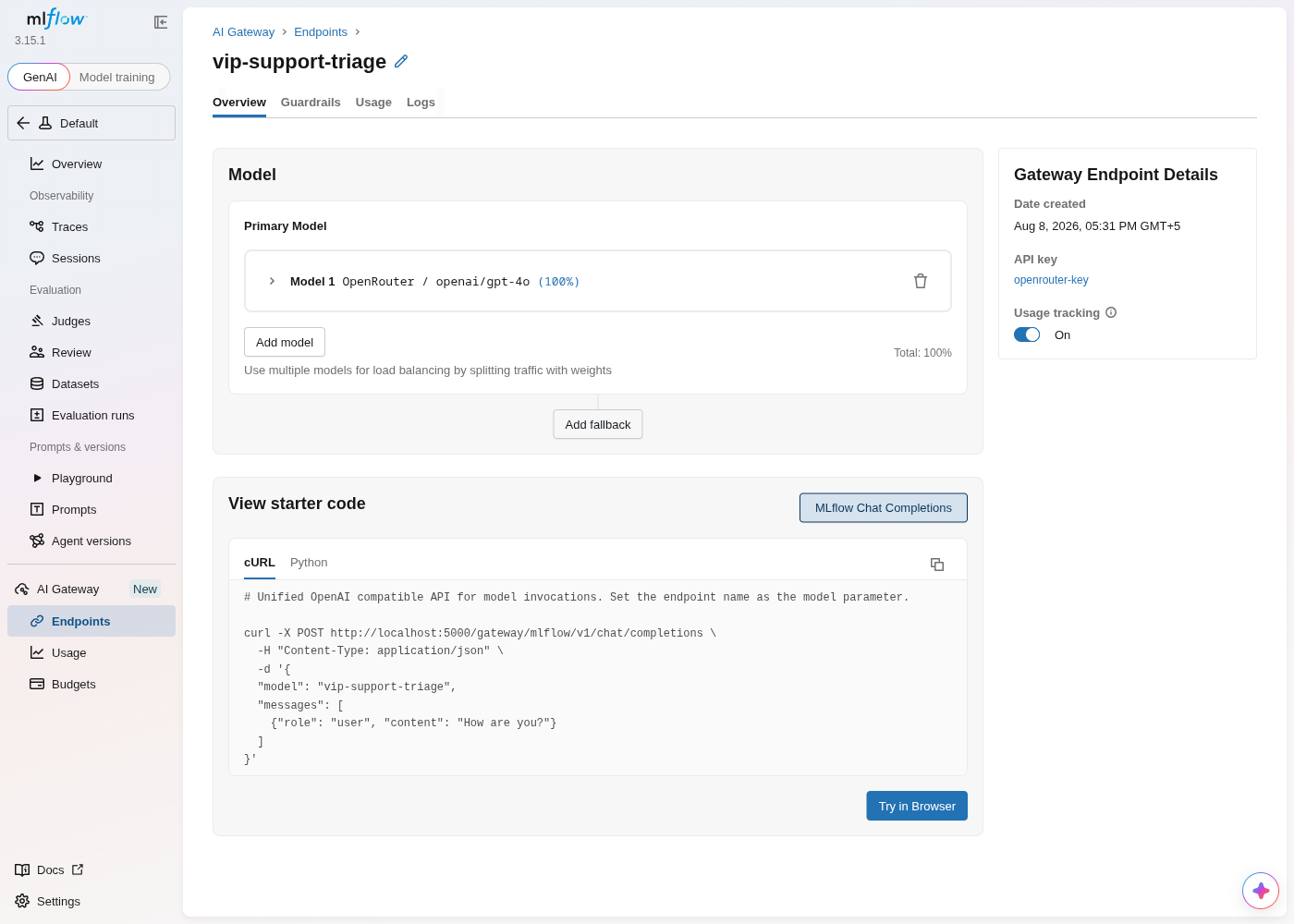 MLflow's AI Gateway endpoint overview for vip-support-triage: Provider OpenRouter, Model openai/gpt-4o at 100%, and a "View starter code" panel showing the exact curl for POST /gateway/mlflow/v1/chat/completions with the endpoint name as the model parameter