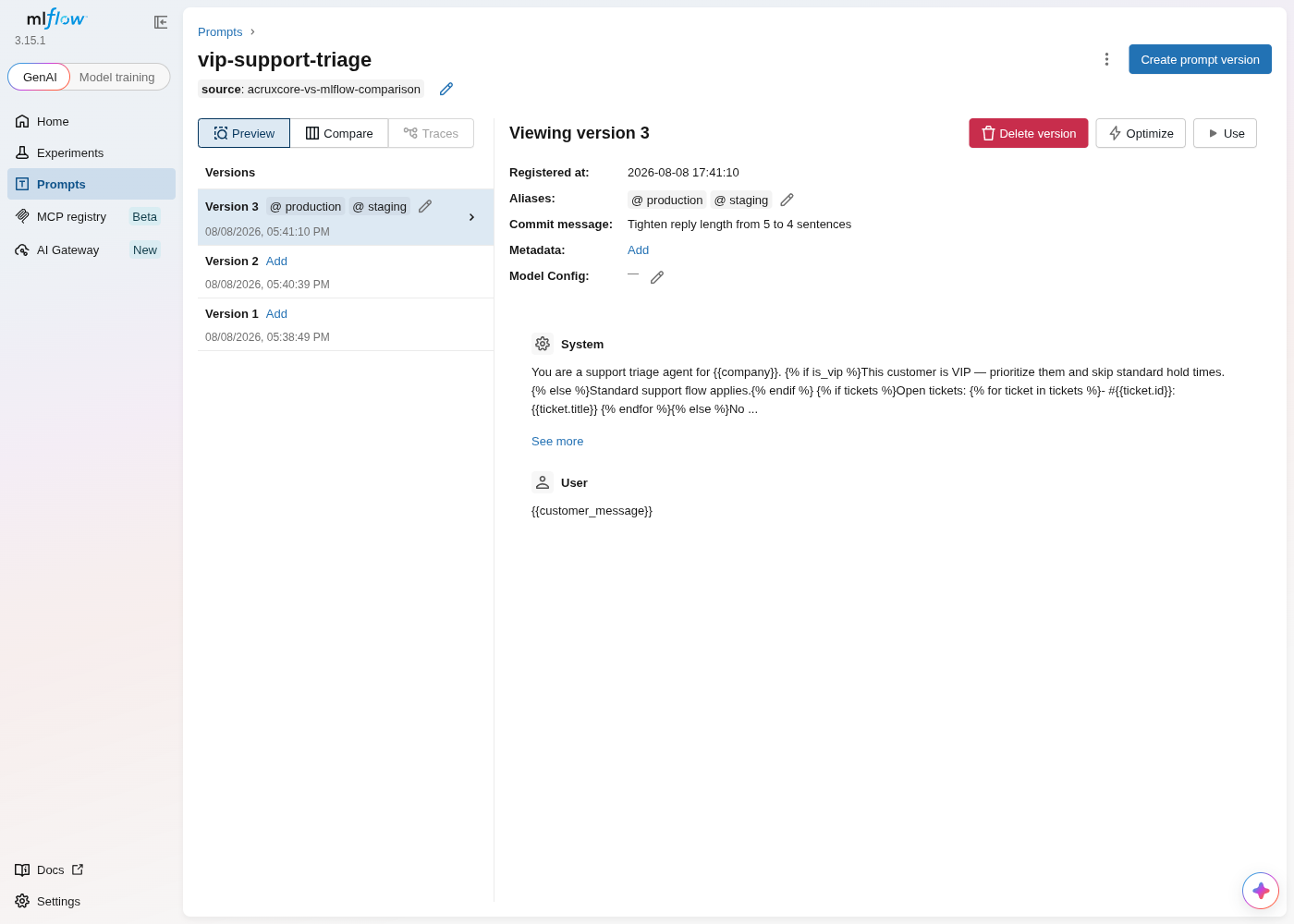 MLflow's prompt detail page for vip-support-triage version 3, showing @production and @staging aliases, a commit message, and the full Jinja2 system template with if/else and for-loop syntax rendered as literal text