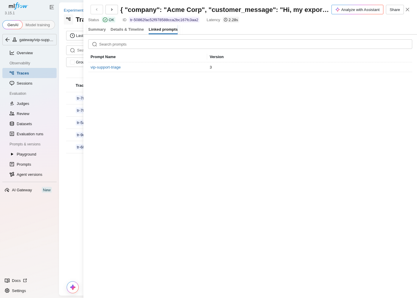 MLflow's trace detail Linked prompts tab, showing a table with one row: prompt name vip-support-triage, version 3