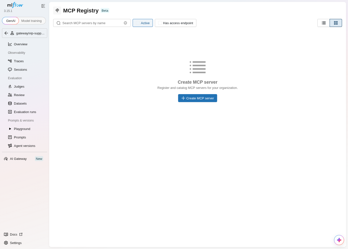 MLflow's empty MCP Registry page, with a "Create MCP server" button and the description "Register and catalog MCP servers for your organization"