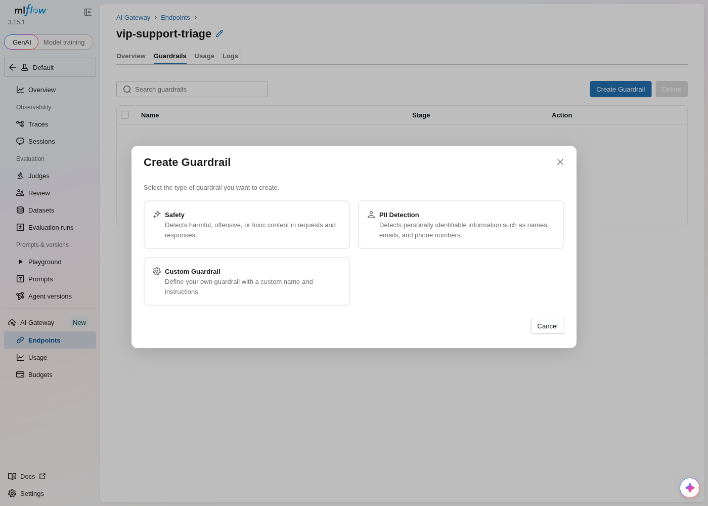 MLflow's "Create Guardrail" dialog, showing three options: Safety (detects harmful, offensive, or toxic content), PII Detection (detects names, emails, and phone numbers), and Custom Guardrail