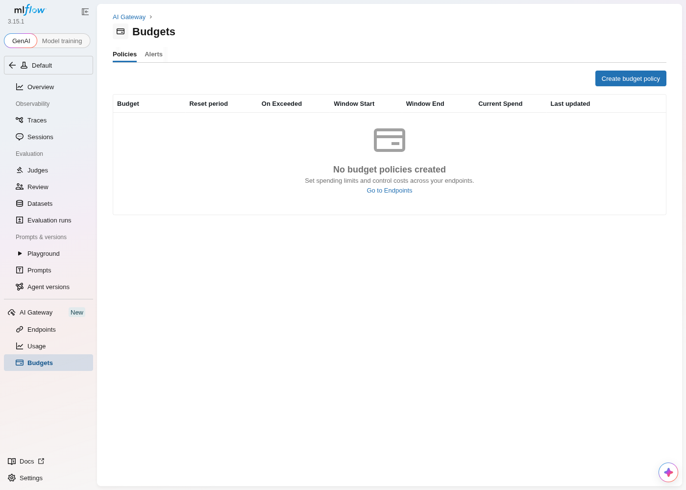 MLflow's empty Budgets page: "No budget policies created. Set spending limits and control costs across your endpoints," with a Create budget policy button and columns for Reset period, On Exceeded, Window Start/End, and Current Spend