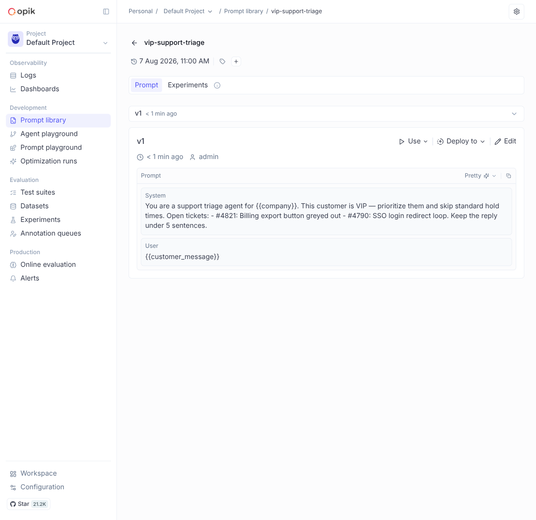 Opik's prompt detail page for v1, with Use, Deploy to, and Edit controls above the rendered system and user messages