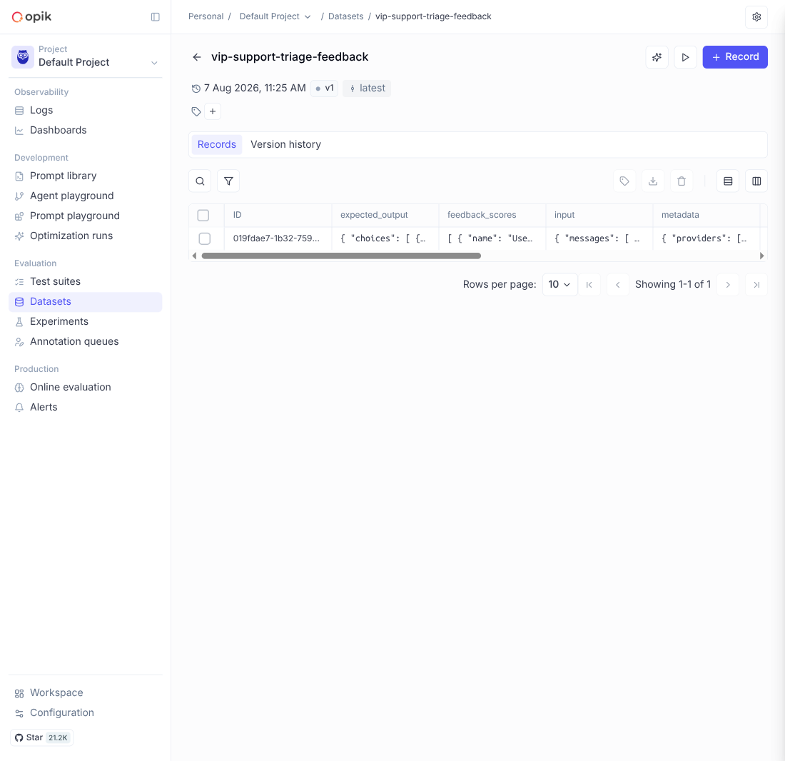 Opik's Add to dataset dialog, with a newly-created vip-support-triage-feedback dataset selected and the trace's nested spans, tags, feedback scores, and usage metrics all checked to copy in