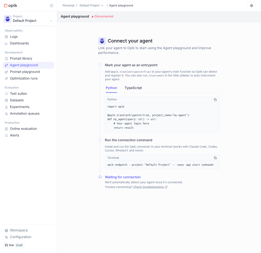 Opik's Agent playground showing Disconnected status and setup instructions to add @opik.track(entrypoint=True) to a running agent and run a connection command in the terminal