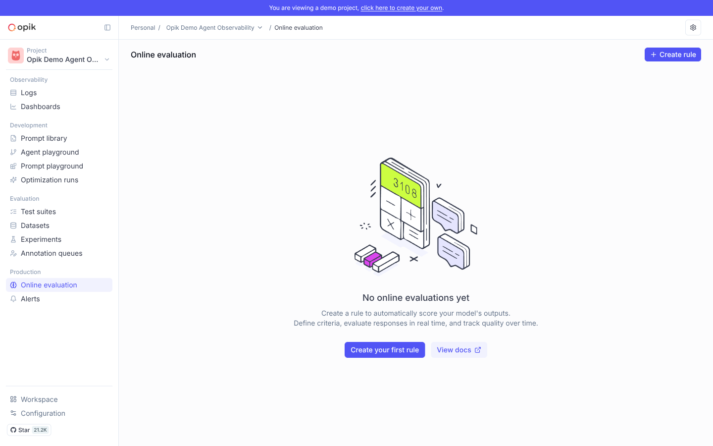 Opik's "No online evaluations yet" empty state under Online evaluation, with "Create a rule to automatically score your model's outputs" and a Create your first rule button