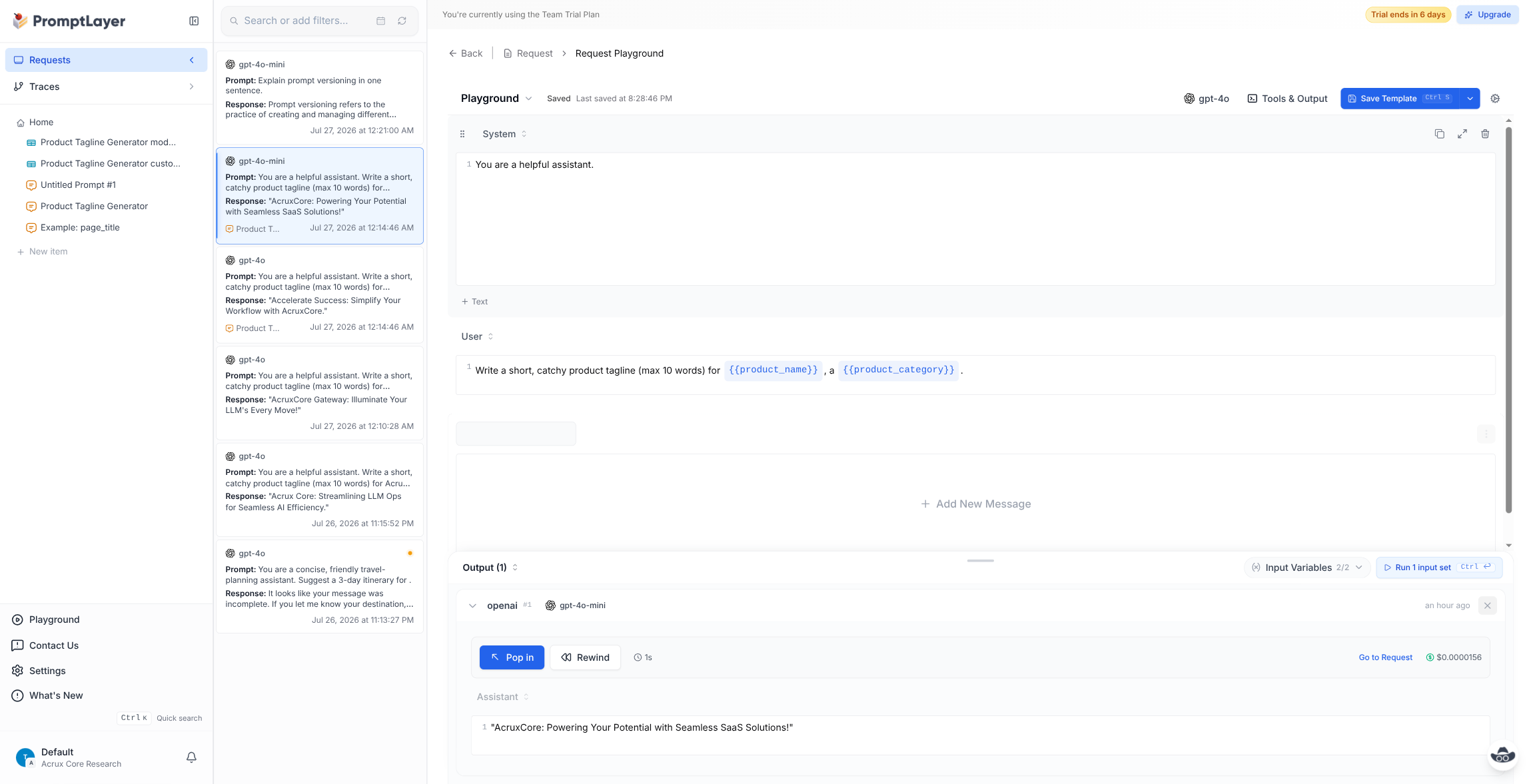 PromptLayer Playground pre-loaded from that request, with a Save Template button