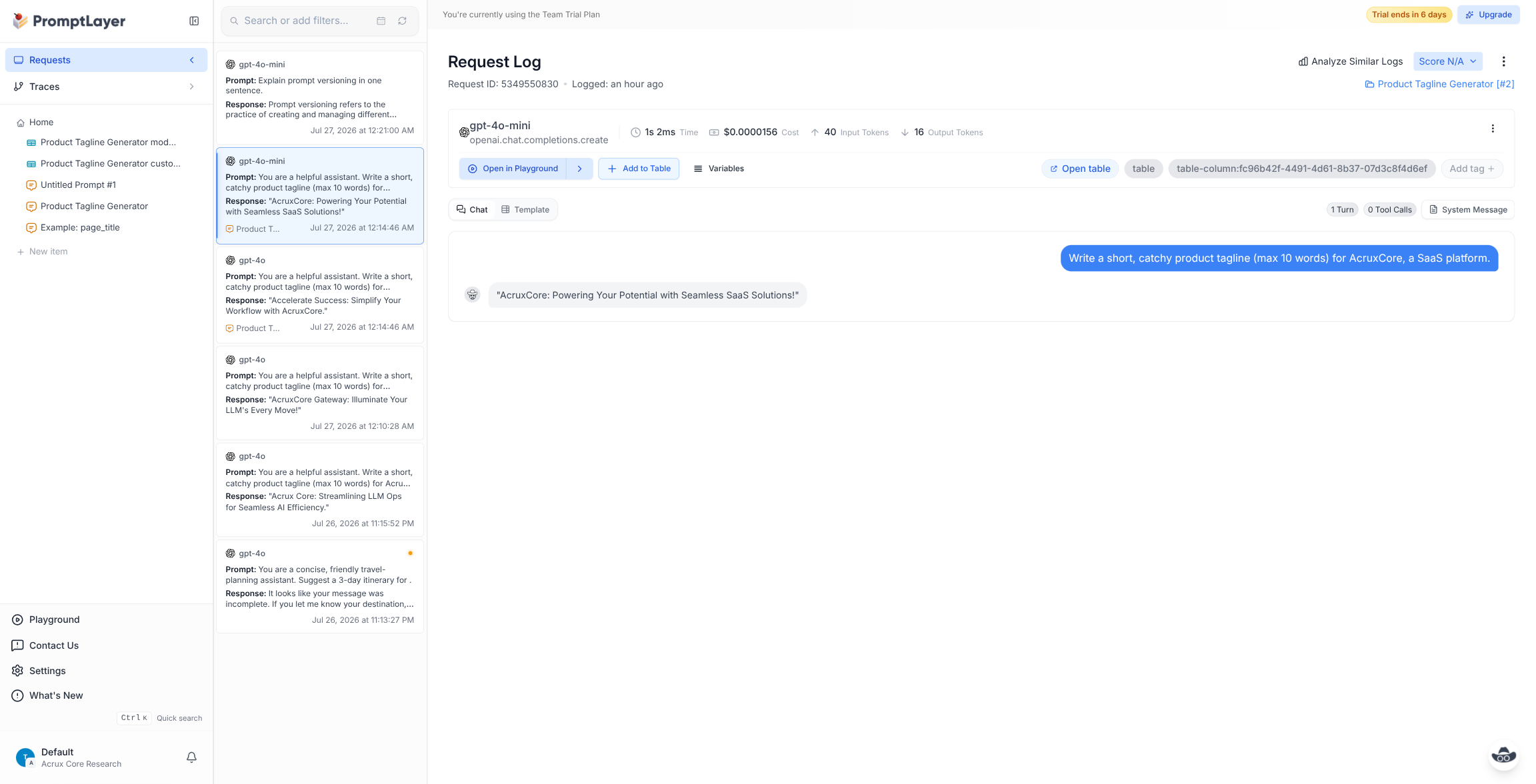 PromptLayer Request Log page showing Open in Playground, Score N/A, and Add to Table controls above a real chat exchange