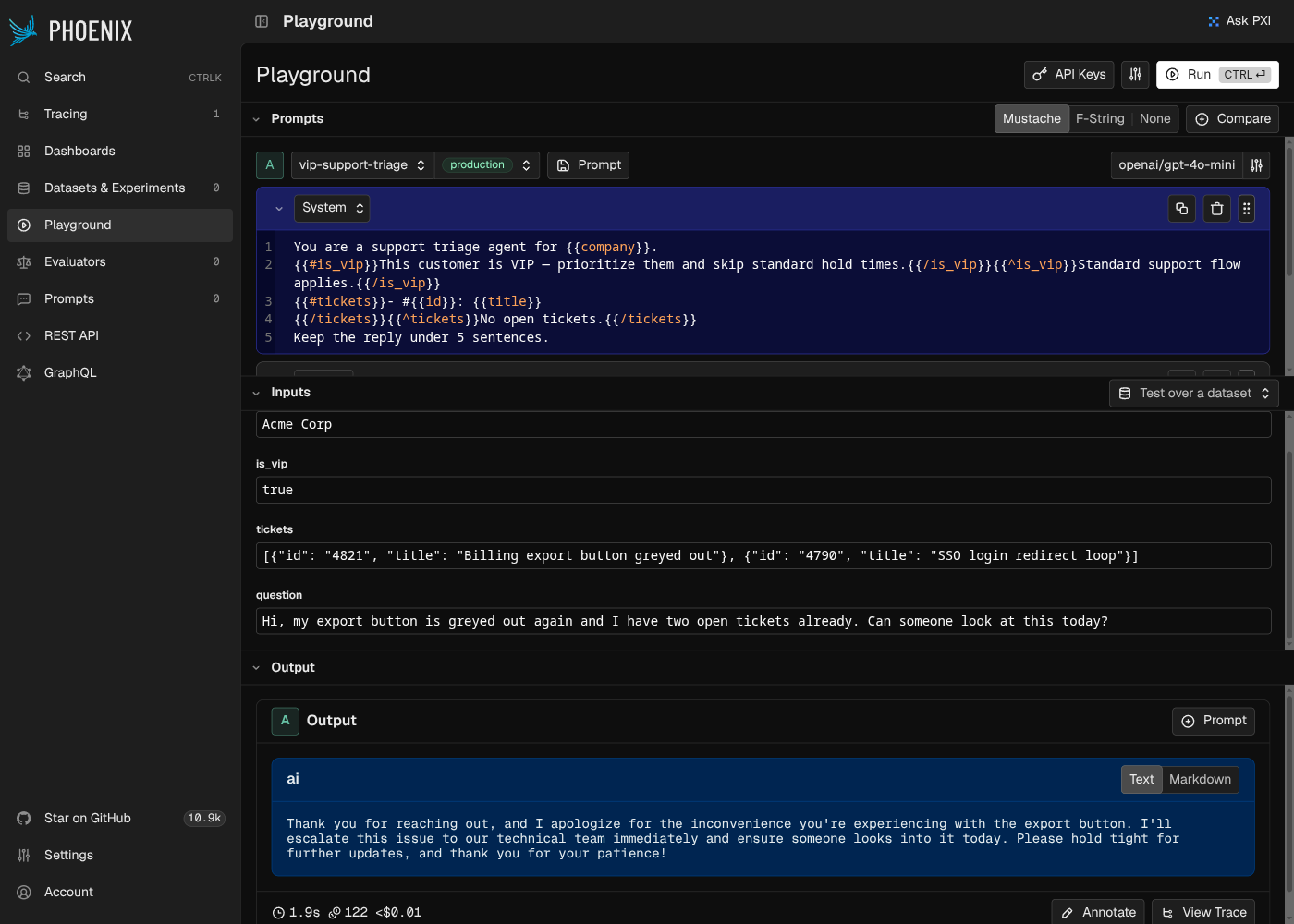 Phoenix's Playground with the vip-support-triage prompt loaded, showing Mustache section syntax for the VIP conditional and the tickets loop, tagged "production", with real cost/token/latency telemetry from a live run