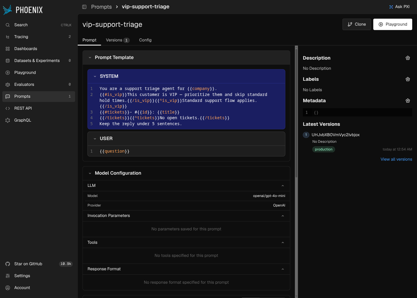 Phoenix's prompt detail page — version 1 tagged "production" in the Latest Versions panel, separate from the prompt-level Labels field which reads "No Labels"