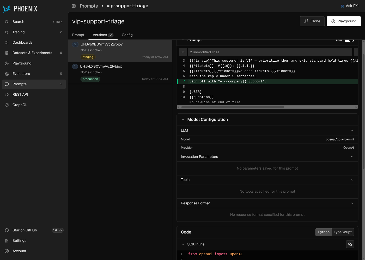 Phoenix's version diff view — a second version highlighted in green for the one added line, with the version list and its "staging" tag alongside