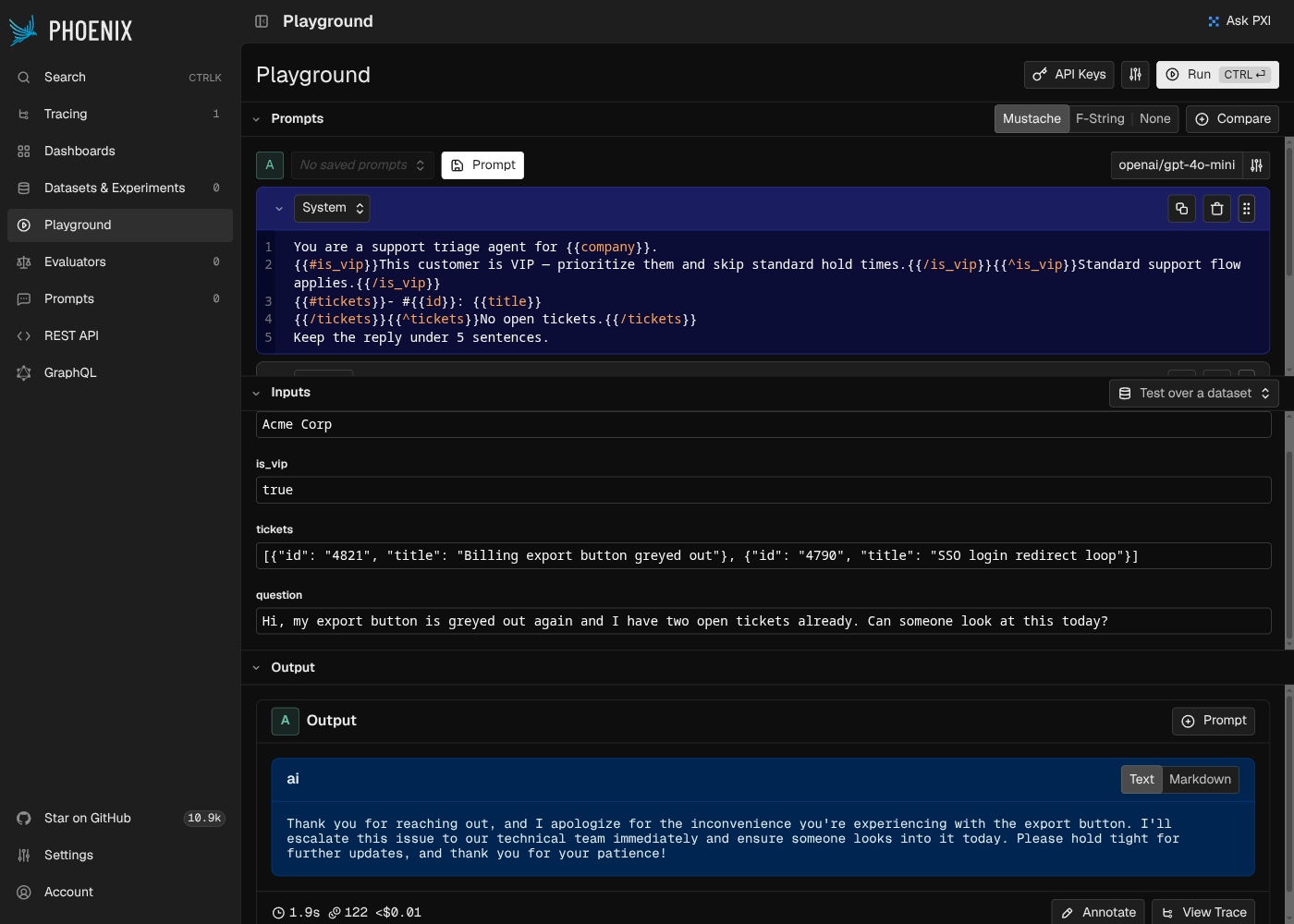 Phoenix's Playground run: the saved vip-support-triage prompt, Mustache inputs filled in, and a real completion with 1.9s latency, 122 tokens, and <$0.01 cost shown inline