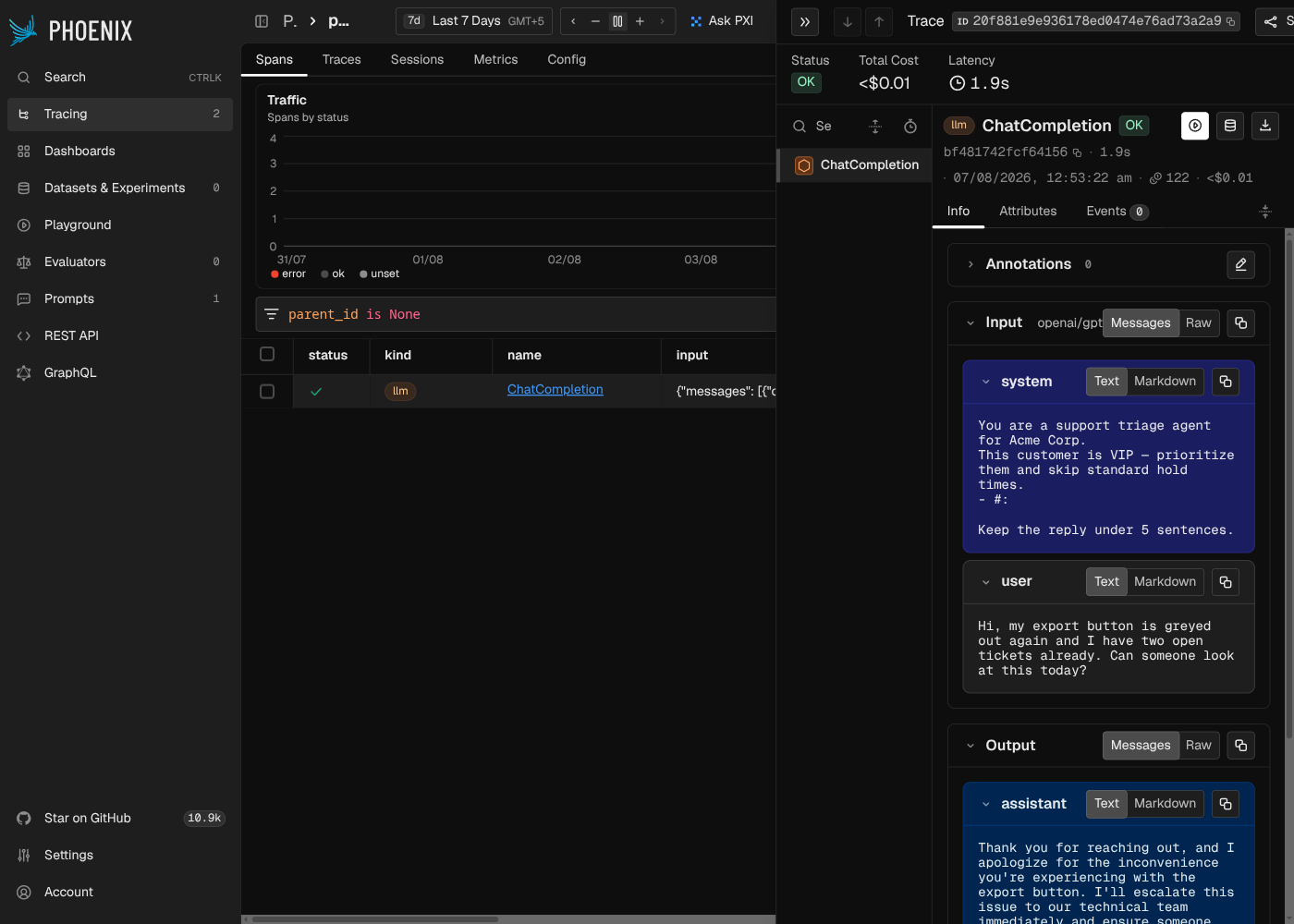 Phoenix's trace detail: ChatCompletion span showing status, total cost, latency, and the full input/output messages