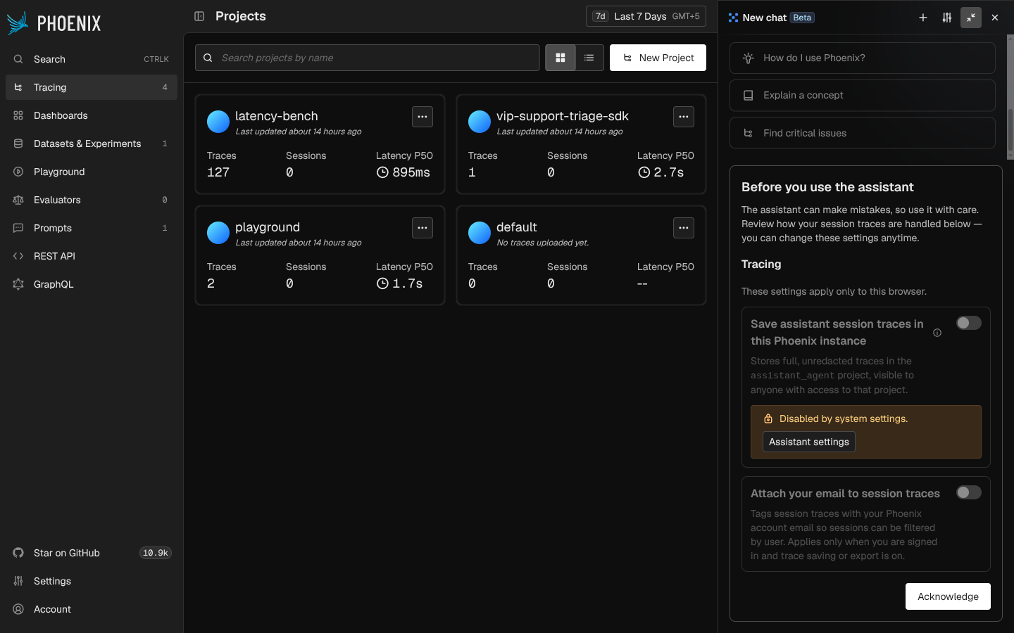 Phoenix's "Meet PXI, your Phoenix assistant" panel, with suggested prompts (How do I use Phoenix?, Explain a concept, Find critical issues) and a Tracing settings section controlling whether the assistant's own sessions are saved