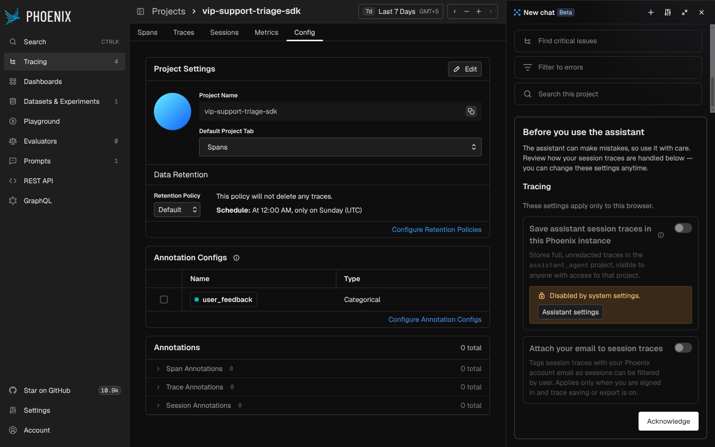 Phoenix's per-project Config tab: a retention policy with a real schedule, and an Annotation Configs table defining a Categorical "user_feedback" type